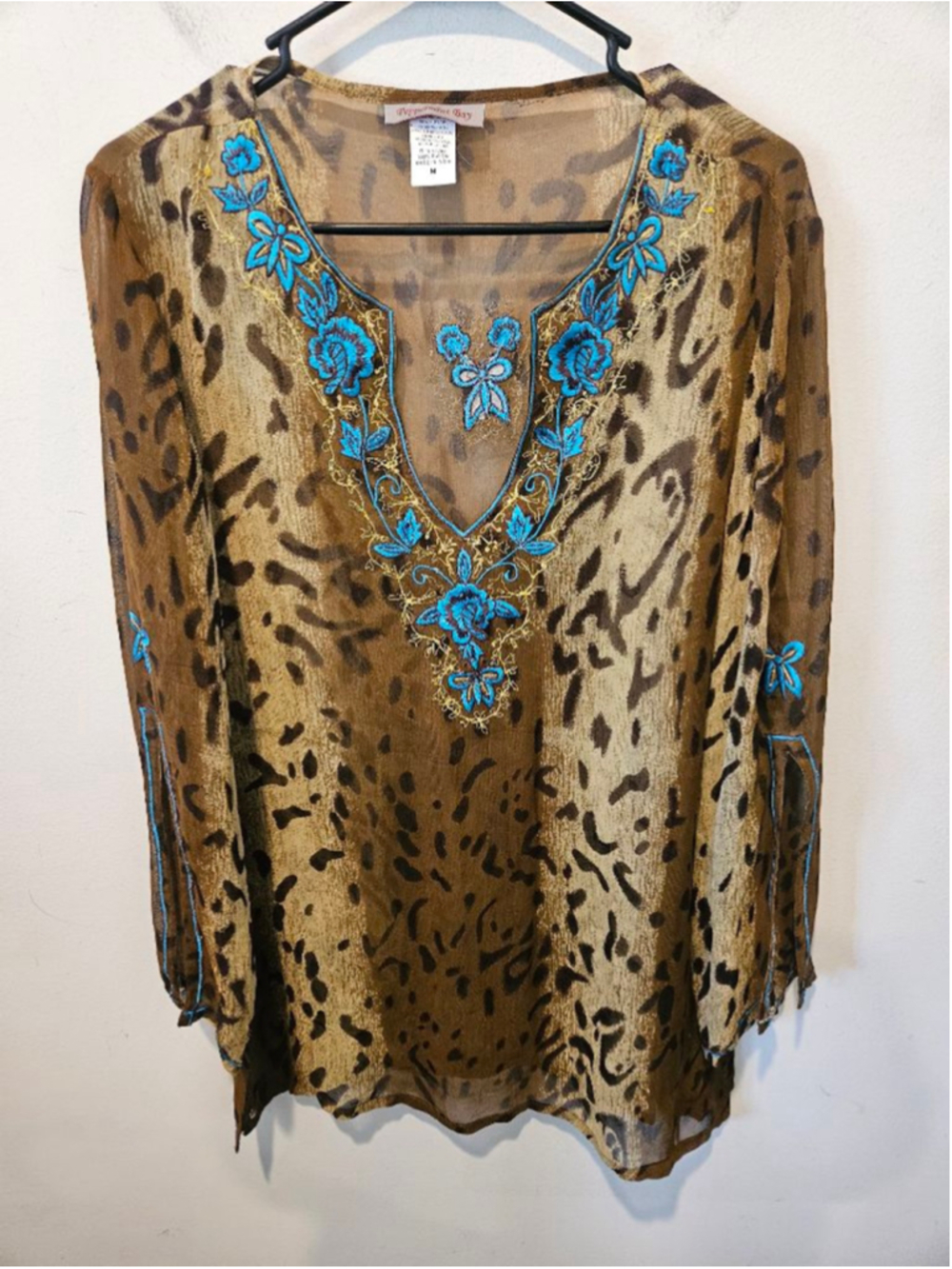 Women's Peppermint Bay Brown Leopard Print Sheer Tunic with Blue Embroidery M